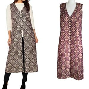NEW C. Wonder Brocade Lurex Maroon Purple Metallic Gold Long Duster Vest - S